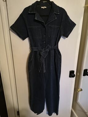 Dark Navy Denim Short-Sleeve Utility Jumpsuit with Tie Belt
